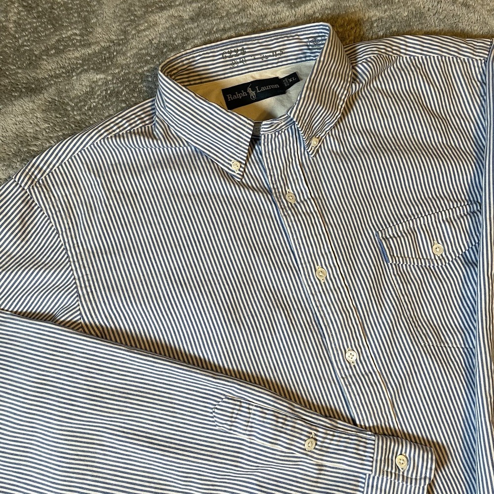 VTG Ralph Lauren Shirt Men's XL Blue White Striped Button-Down Font Pocket